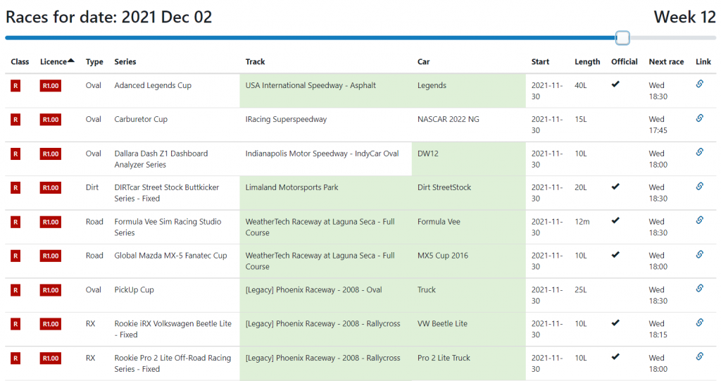 iracing weekly planner - home page