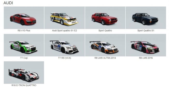 assetto corsa audi cars list