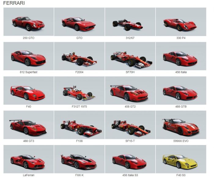 Assetto Corsa Ferrari Cars list