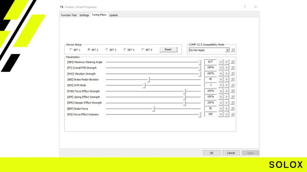 Fanatec Tuning menu wheel settings