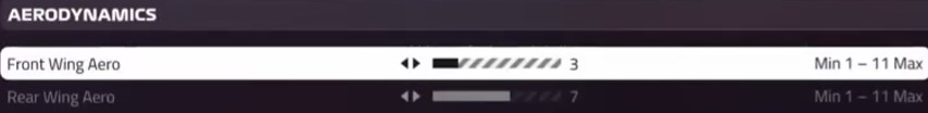 The aerodynamics screen of the F1 2019 setup menu with the front wing at 3 and the rear wing at 7