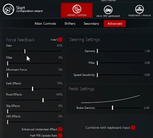 Assetto Corsa controls menu on the Advanced tab with the force feedback sliders, steering settings and brake gamma curve