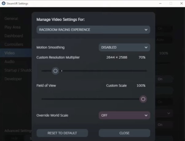 Steam VR settings for RaceRoom advanced