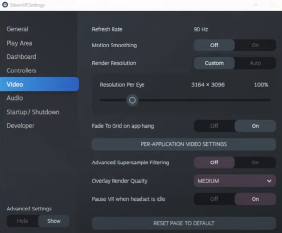 Steam VR settings for RaceRoom