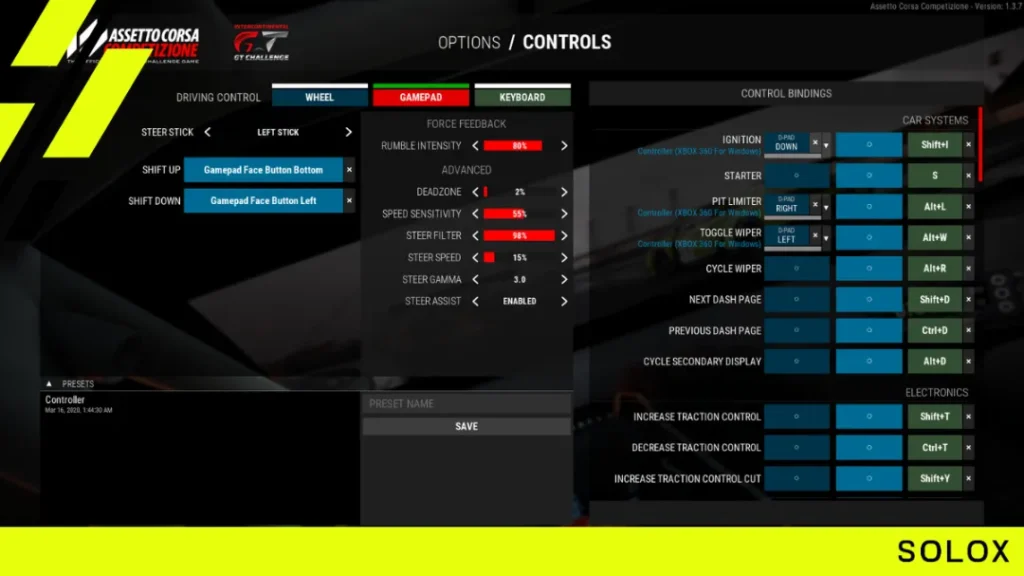How do you change the Xbox controller settings in Assetto Corsa