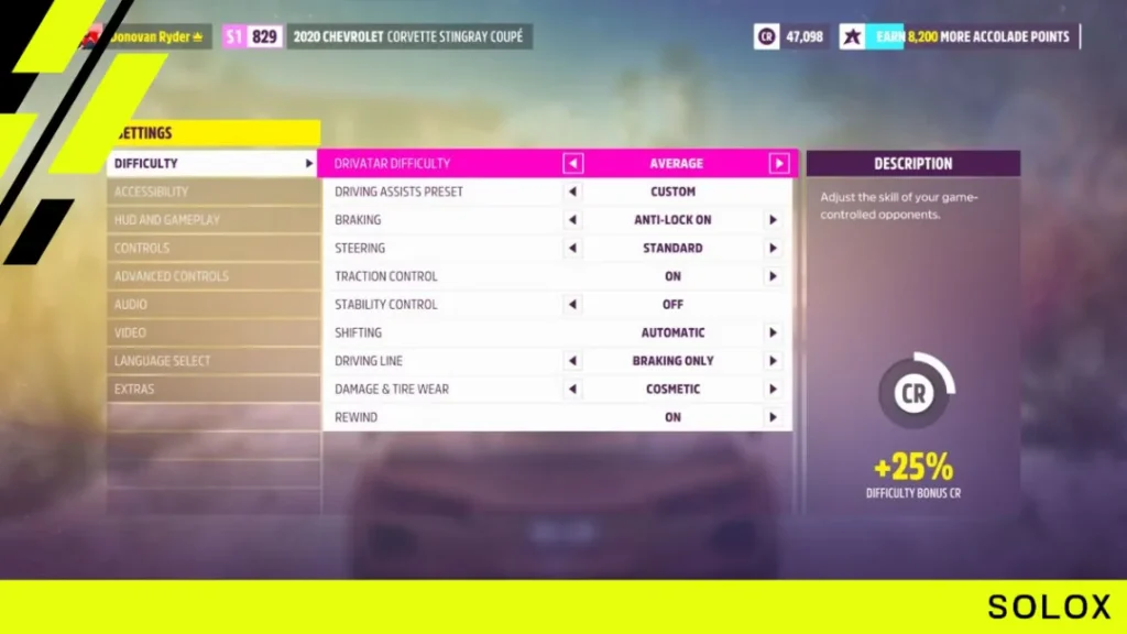 The Forza Horizon 5 Difficulty menu with Drivatar difficulty on Average and a Difficulty Bonus CR of plus 25 percent on the right