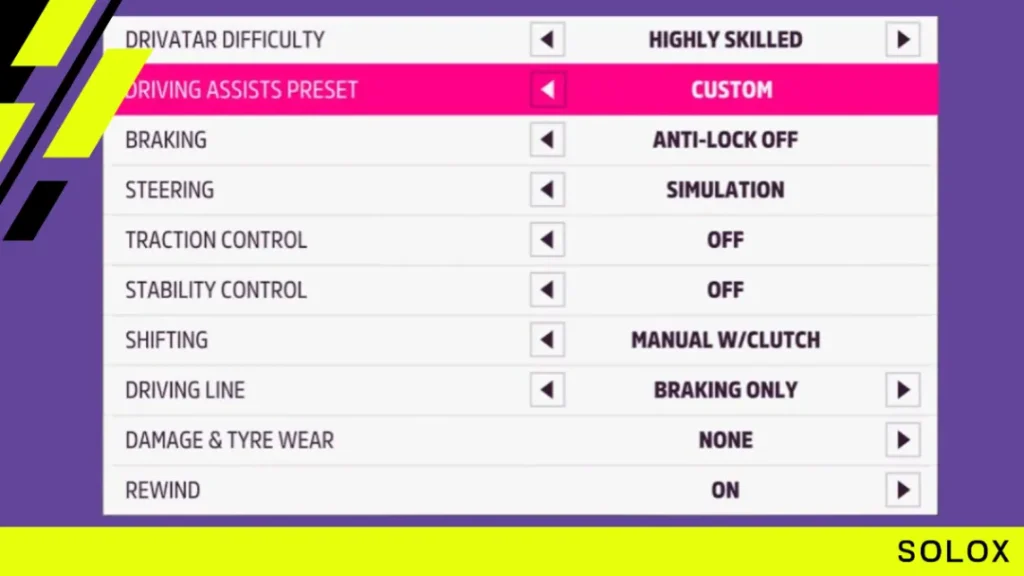 The Forza Horizon 5 Difficulty menu with Drivatar difficulty on Highly Skilled, anti-lock off, simulation steering, traction and stability control off and shifting on manual with clutch