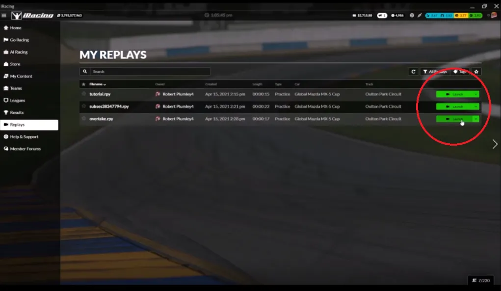 Launching the Replay iRacing