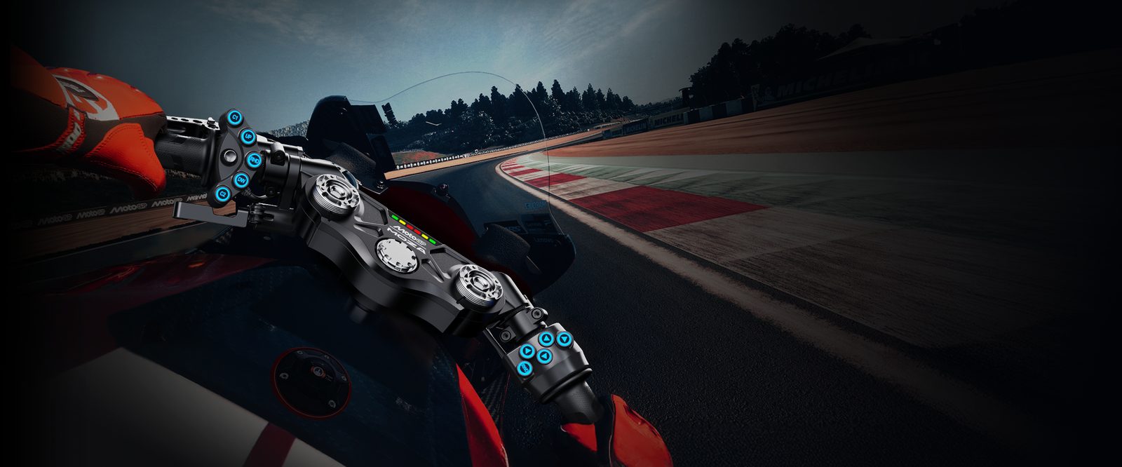 MOZA MotoGP handlebar render from the rider's view on track, showing the RGB shift LEDs and both thumb button clusters