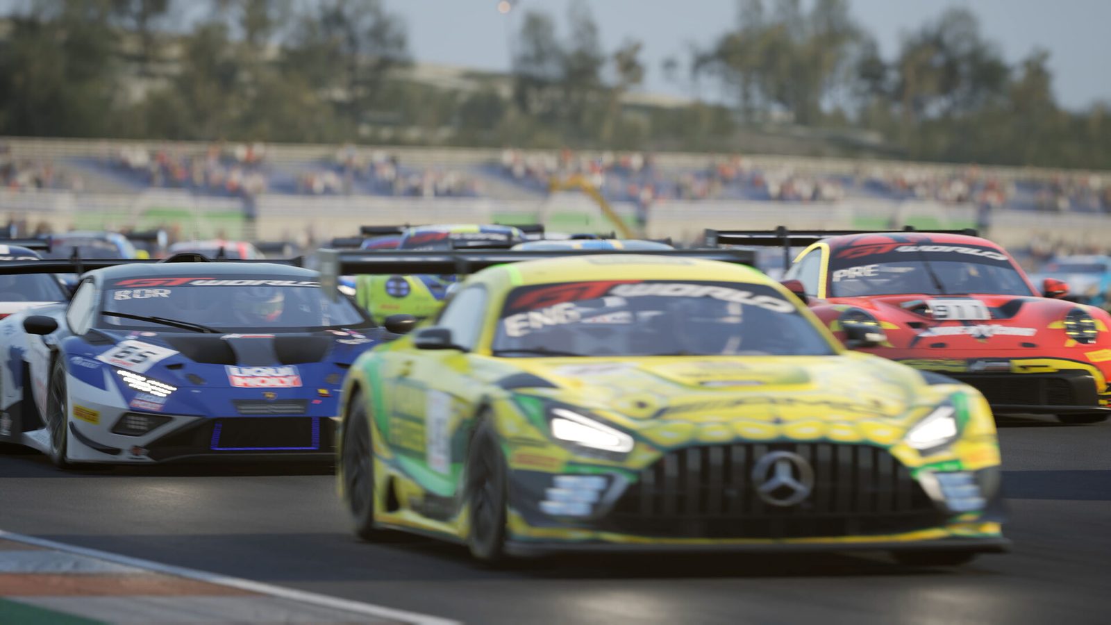 A pack of GT3 cars led by a Mercedes-AMG GT3 in Assetto Corsa Competizione
