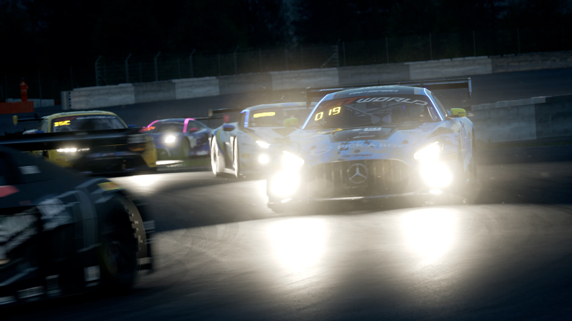 A Mercedes-AMG GT3 with its headlights on leads a pack of GT3 cars through a corner at night in Assetto Corsa Competizione