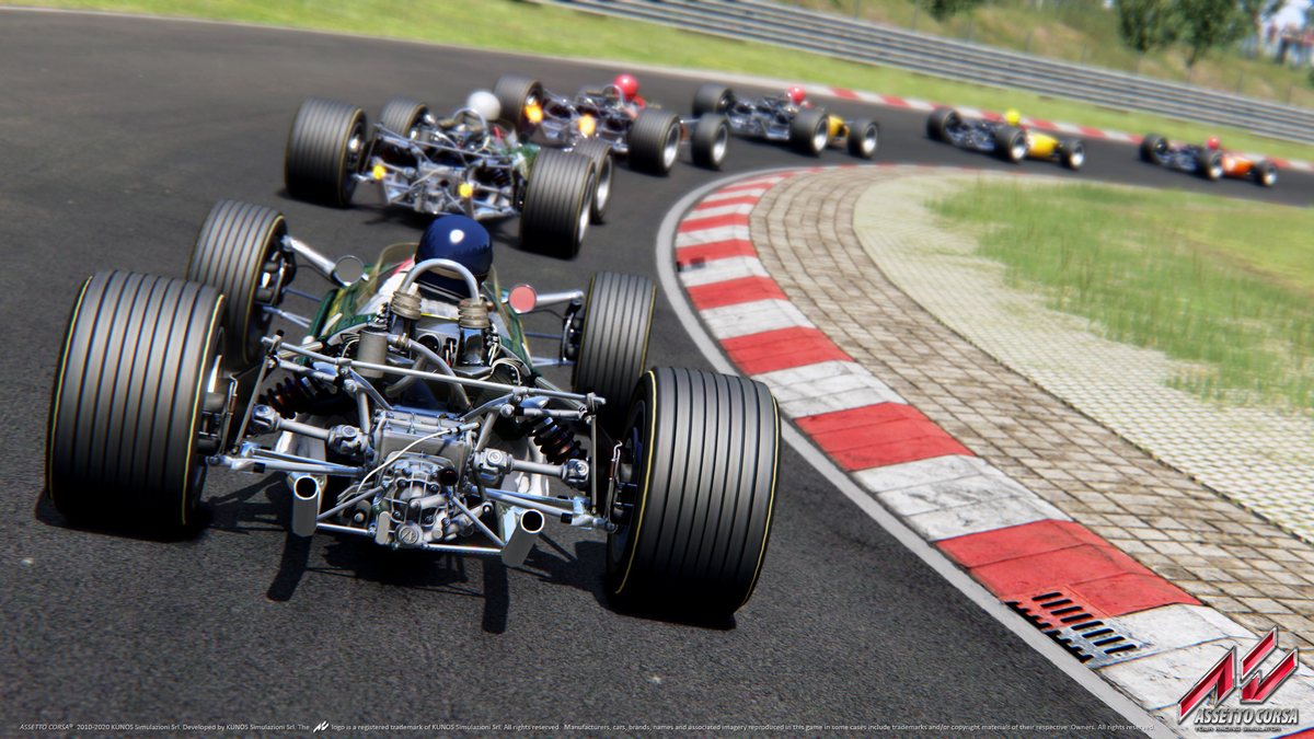 A grid of 1960s Grand Prix cars seen from behind in Assetto Corsa