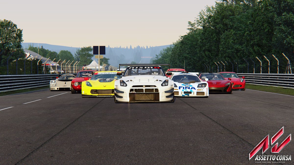 Dream Pack 1 cars lined up on the Nordschleife in Assetto Corsa, with a Nissan GT-R GT3 at the front
