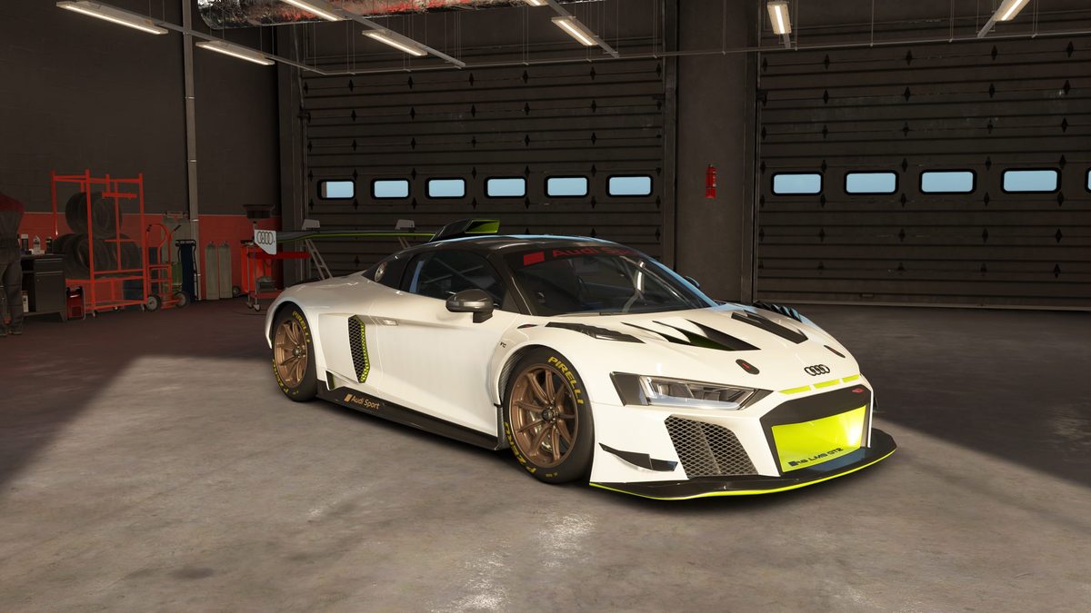 Audi R8 LMS GT2 in Assetto Corsa EVO, white with yellow details, parked in a pit garage