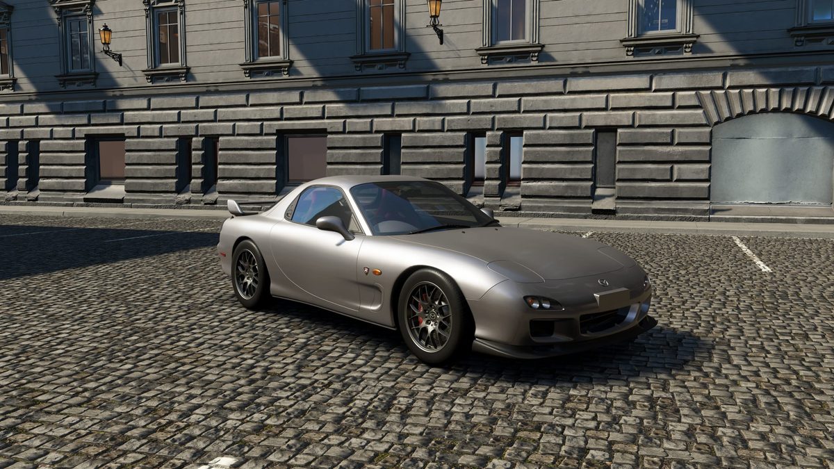 Mazda RX-7 FD in Assetto Corsa EVO, silver, parked on a cobbled street