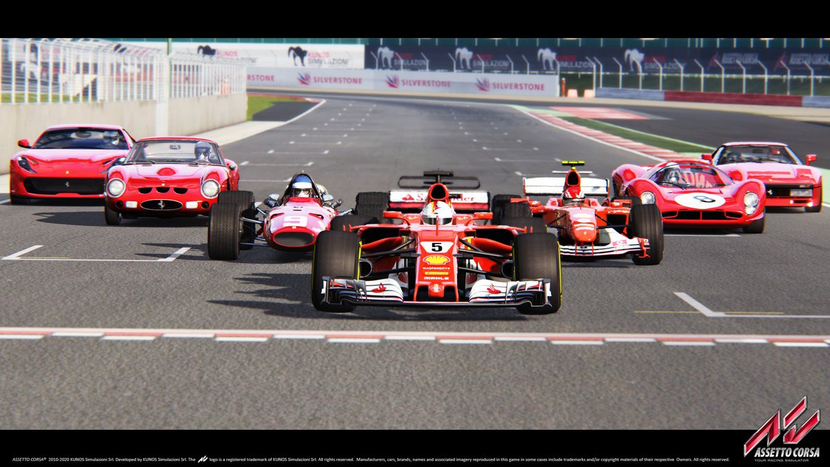 The seven Ferrari 70th Anniversary Pack cars lined up at Silverstone in Assetto Corsa, with the SF70H at the front