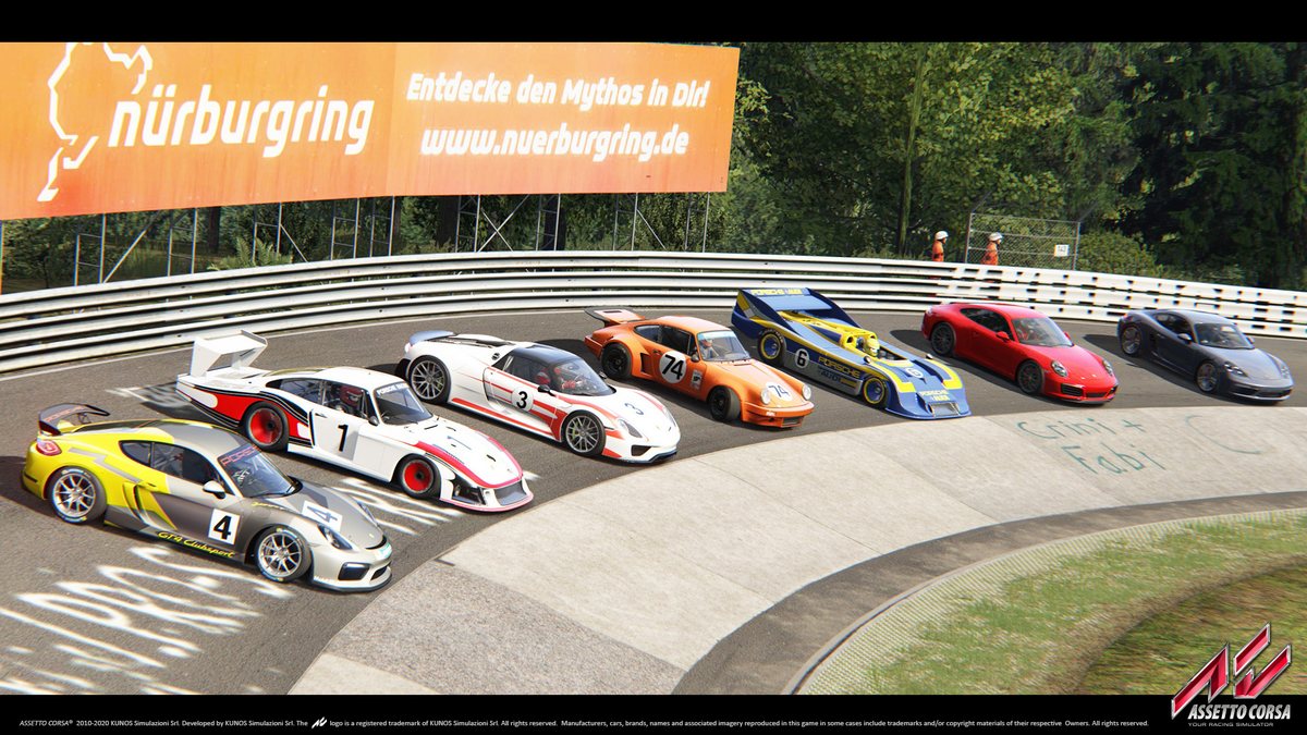 The seven Porsche Pack I cars lined up at the Nurburgring in Assetto Corsa