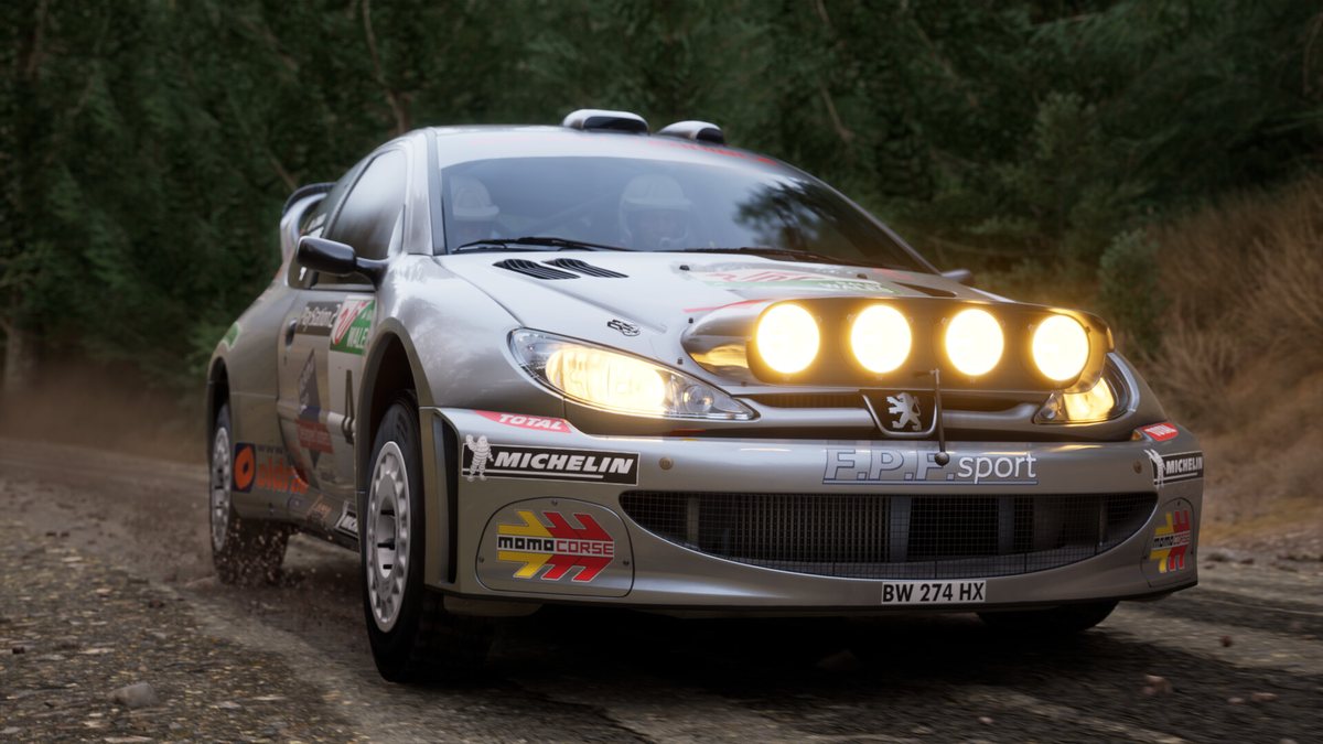 A silver Peugeot 206 WRC with four spotlights lit on a gravel road in Assetto Corsa Rally