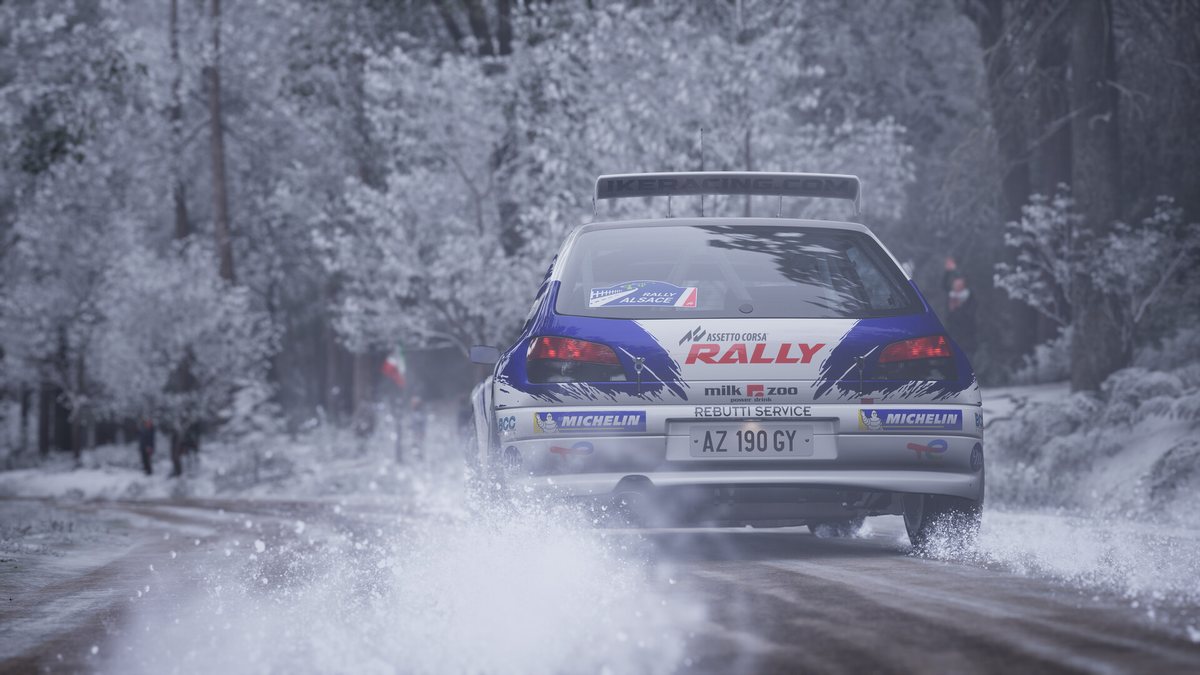 A Peugeot 306 Maxi kit car throws up snow on a white stage in Assetto Corsa Rally