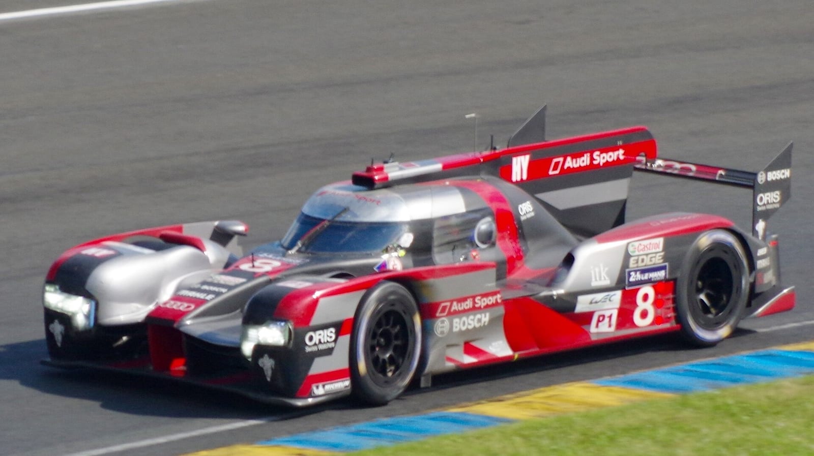 The number 8 Audi R18 on track at the 2016 24 Hours of Le Mans