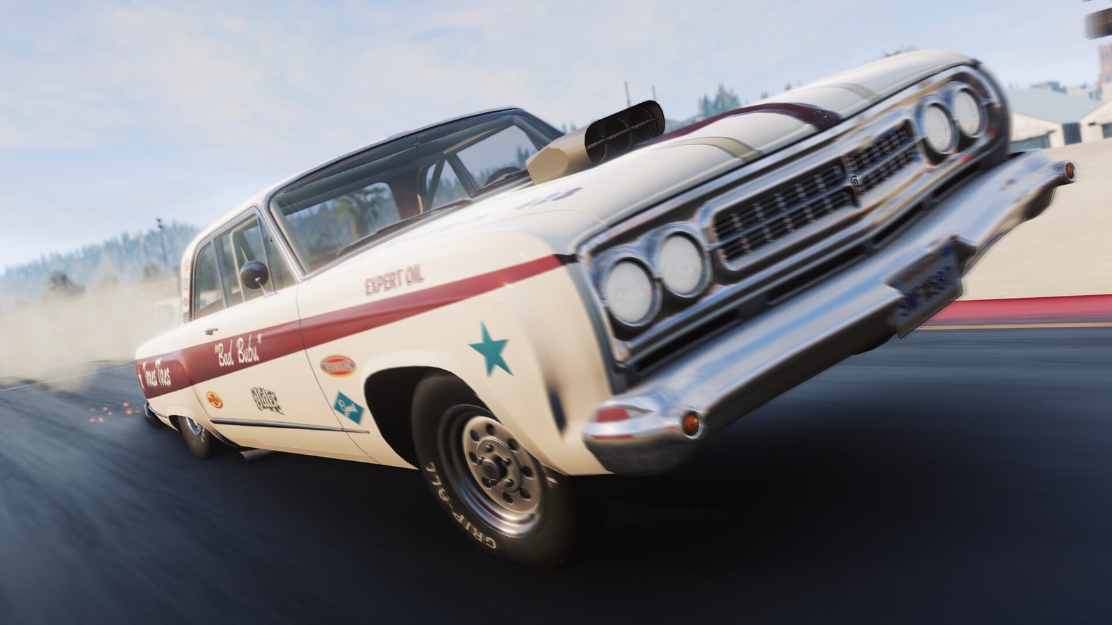 A white drag car with its front wheels in the air on a drag strip in BeamNG.drive