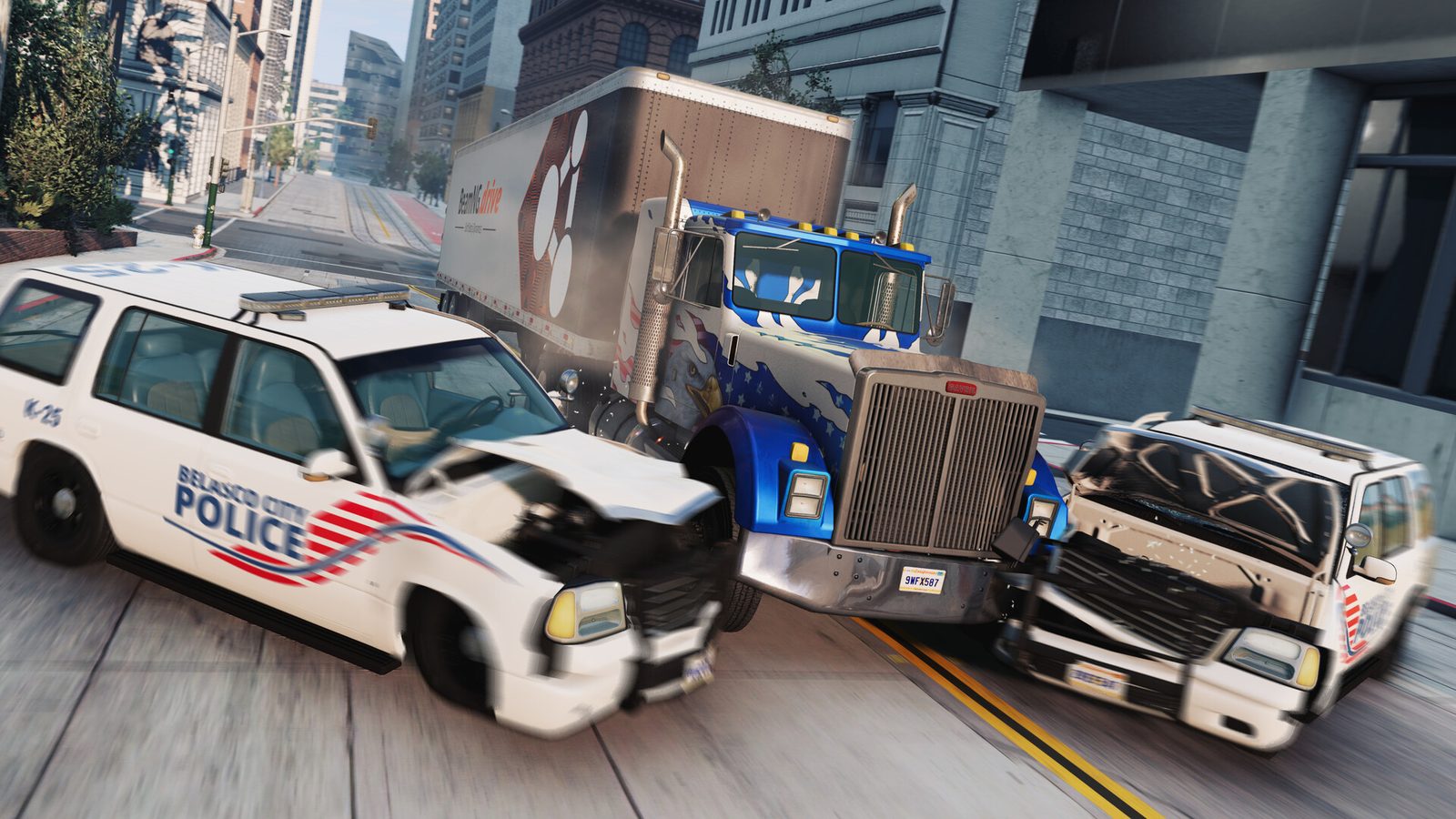 A police SUV and a semi truck crushing a white SUV on a city street in BeamNG.drive