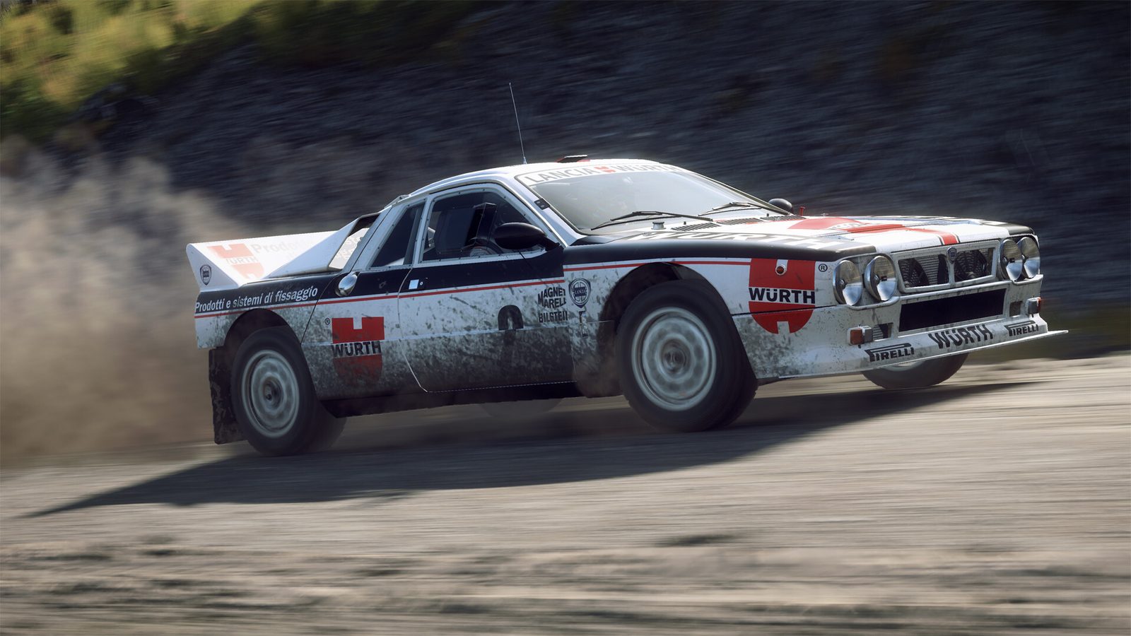 A Lancia 037 in Wurth colours sliding on a gravel stage in DiRT Rally 2.0