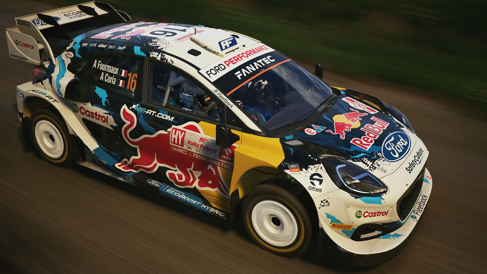 A Ford Puma Rally1 in Red Bull and Castrol colours on a gravel stage in EA Sports WRC