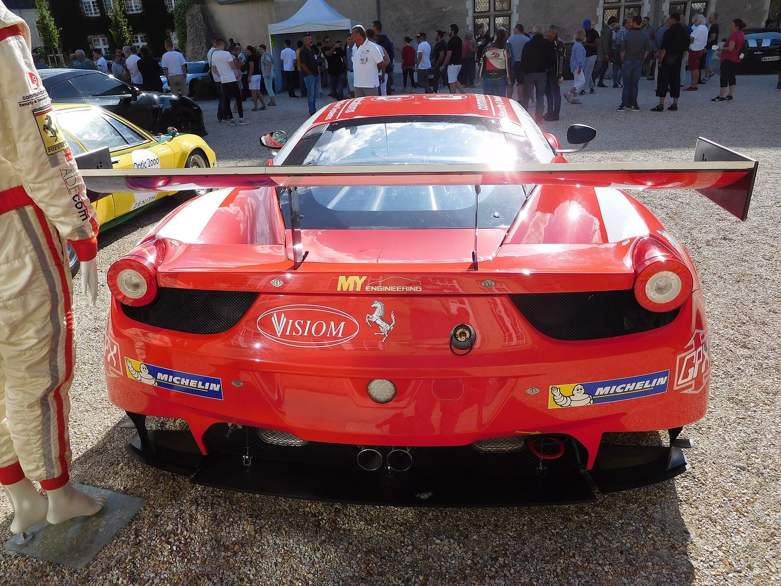 The rear of a Ferrari 458 Italia GT3 showing the rear wing and diffuser
