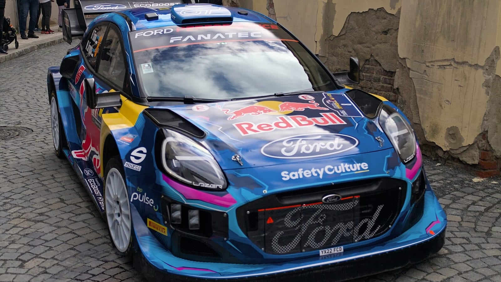 The M-Sport Ford Puma Rally1 of Ott Tanak on a cobbled street at the 2023 Central European Rally