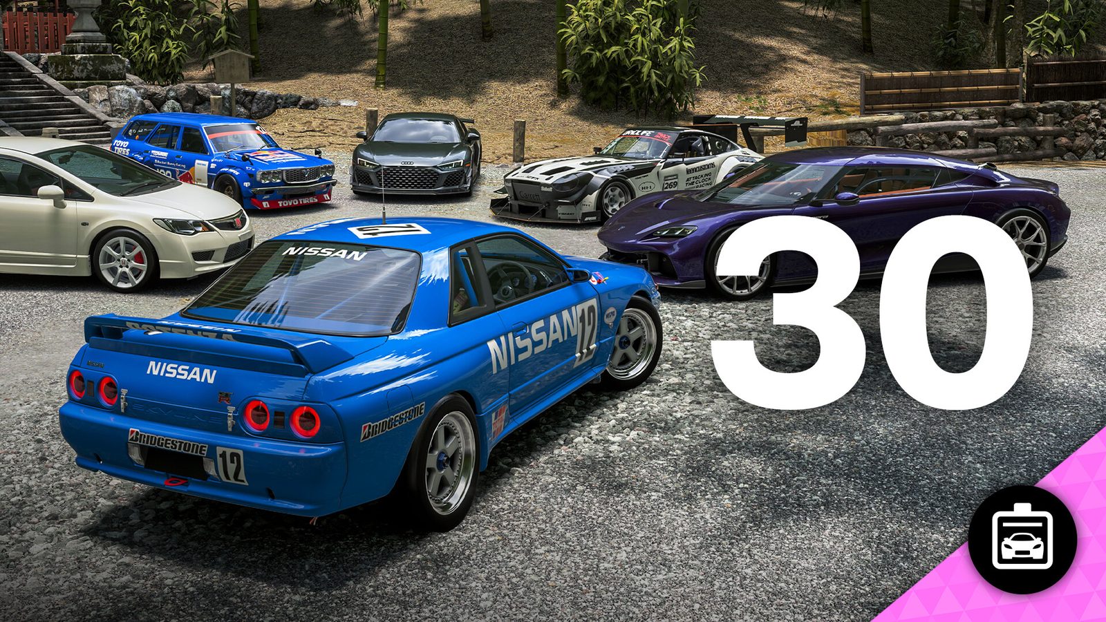 Forza Horizon 6 Car Pass art showing a blue Nissan Skyline GT-R race car and other cars next to the number 30