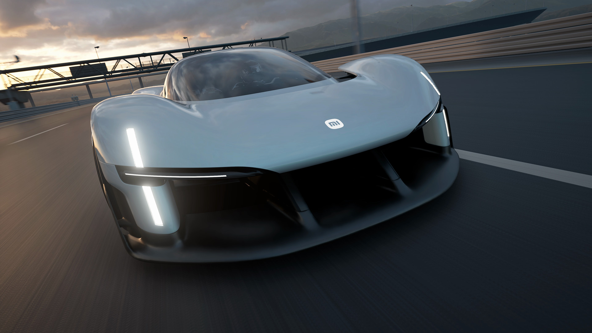 The Xiaomi Vision Gran Turismo concept on track in Gran Turismo 7 at dusk