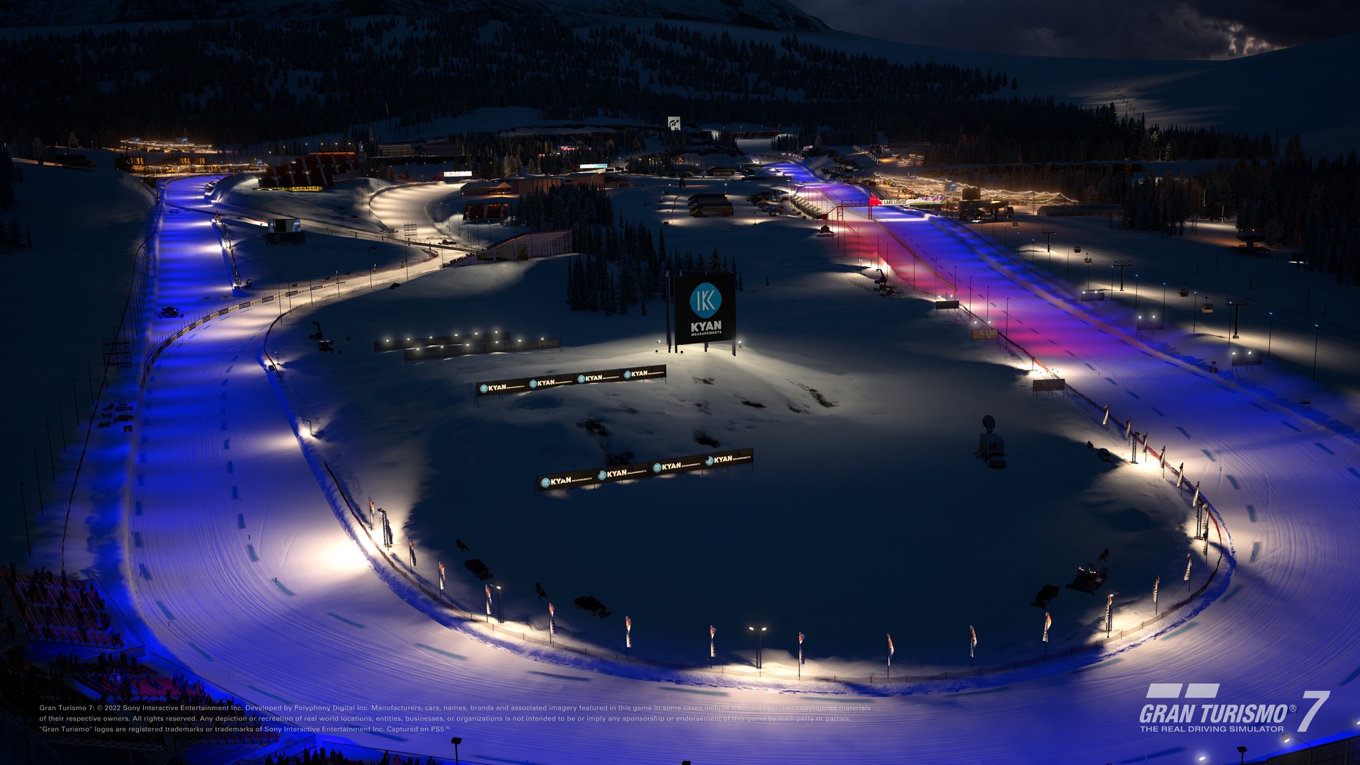 The Lake Louise snow circuit in Gran Turismo 7 at night under track lighting
