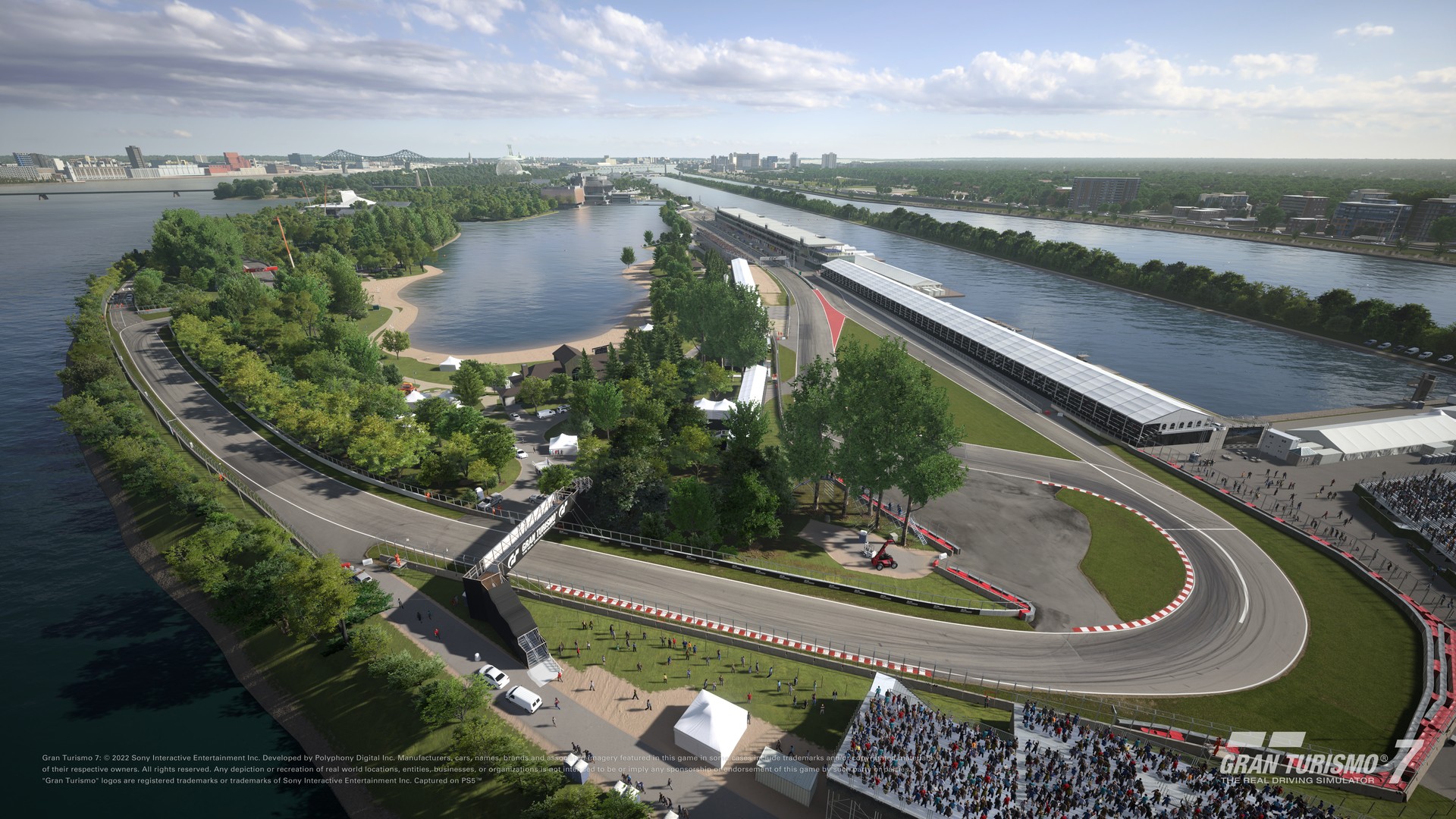 Circuit Gilles-Villeneuve in Gran Turismo 7 from above, with the hairpin, the rowing basin and the Montreal skyline behind