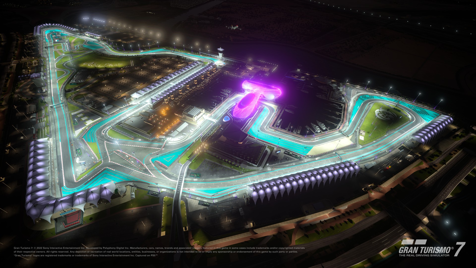 Yas Marina Circuit at night in Gran Turismo 7, seen from above