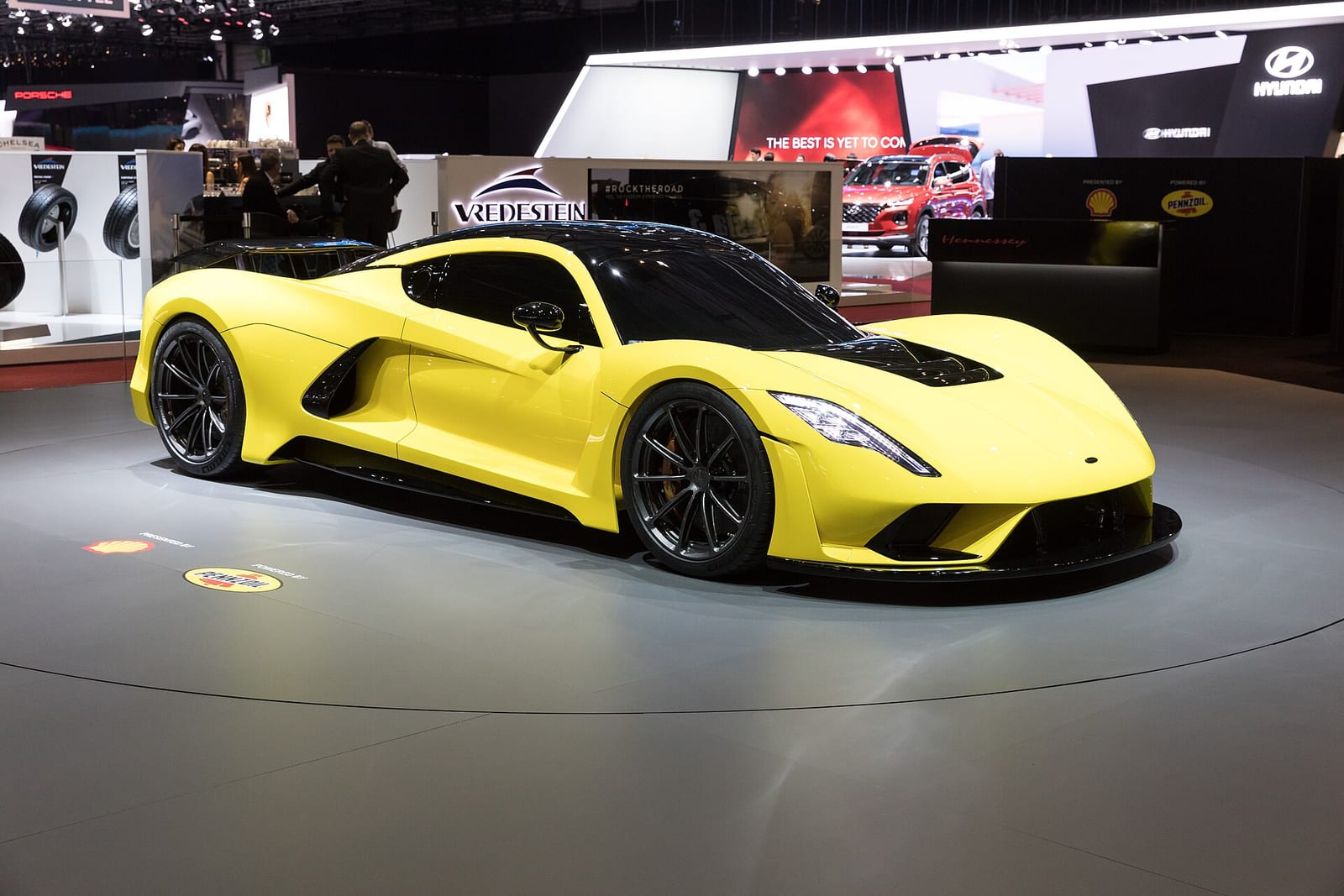 A yellow Hennessey Venom F5 at the Geneva Motor Show
