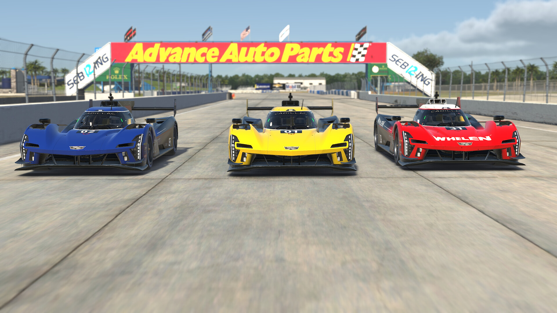 Three GTP prototypes lined up side by side on a grid under an Advance Auto Parts banner in iRacing