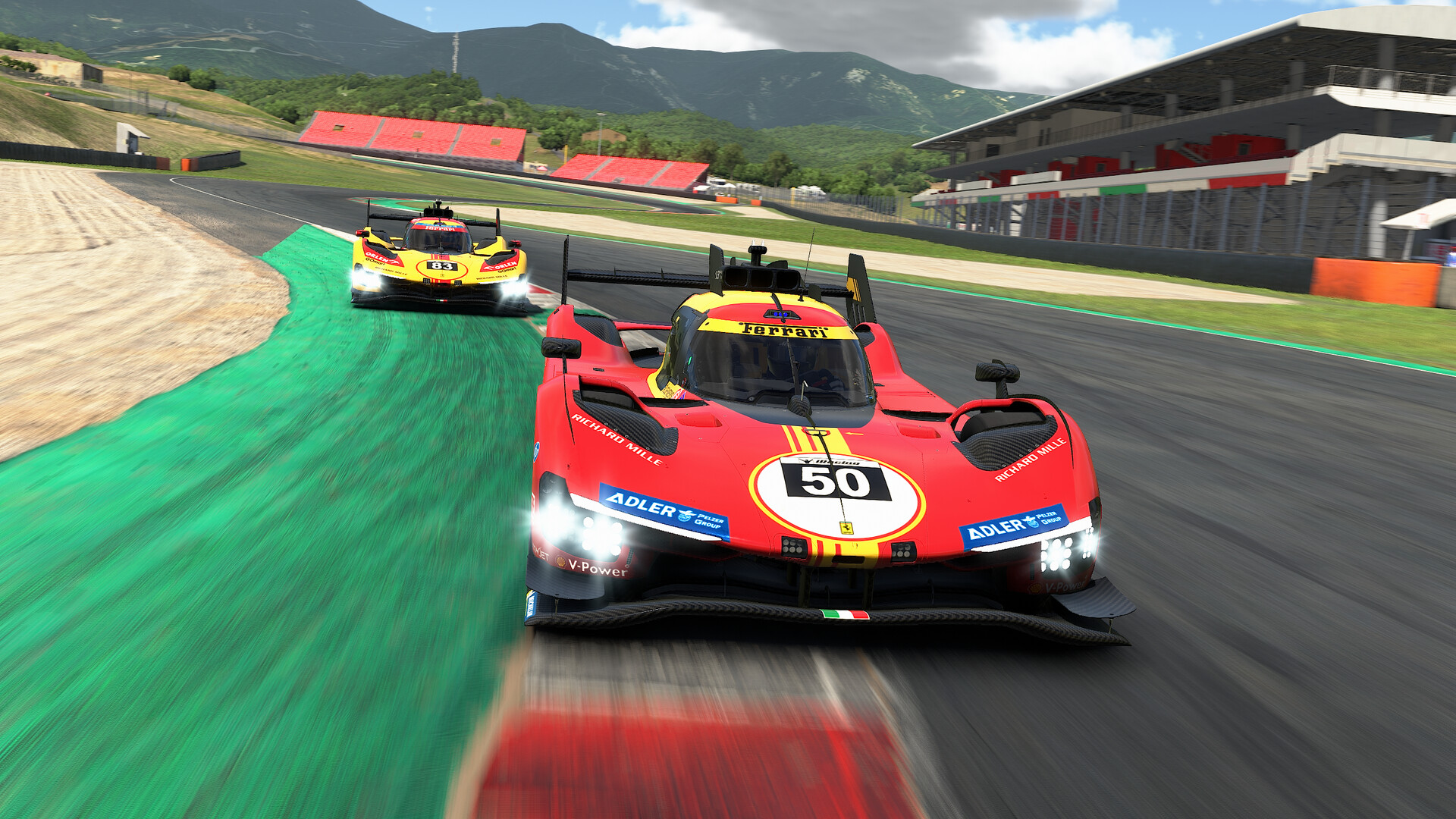 Two Ferrari 499P Hypercars ride a kerb in iRacing, the number 50 car ahead of the yellow number 83