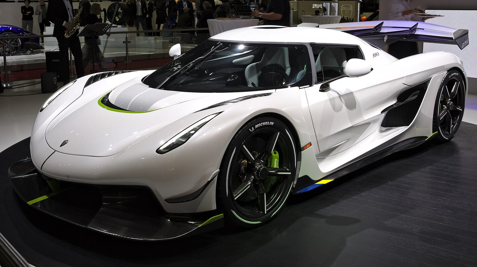 A white Koenigsegg Jesko at the Geneva Motor Show