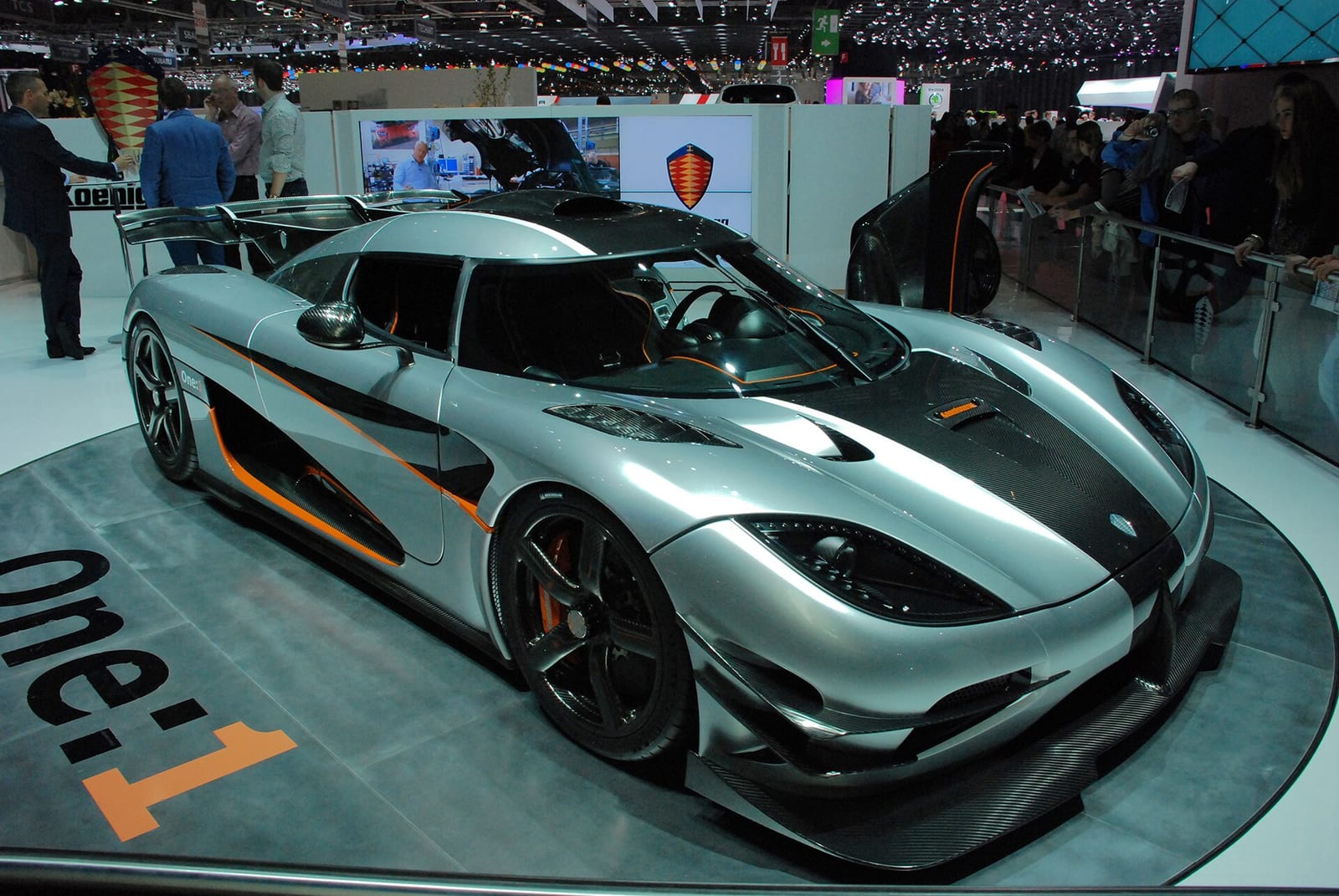 A silver Koenigsegg One:1 on its stand at the 2014 Geneva Motor Show