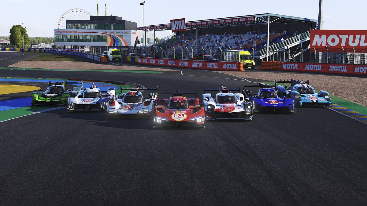 The start of a race at Le Mans in Le Mans Ultimate, with the field heading to the first corner