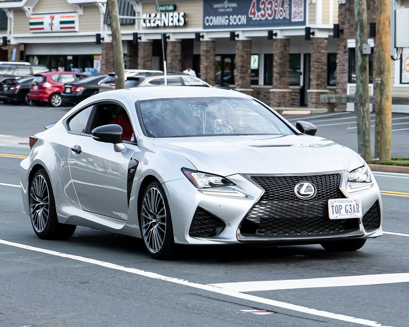 A silver Lexus RC F, front three quarter view