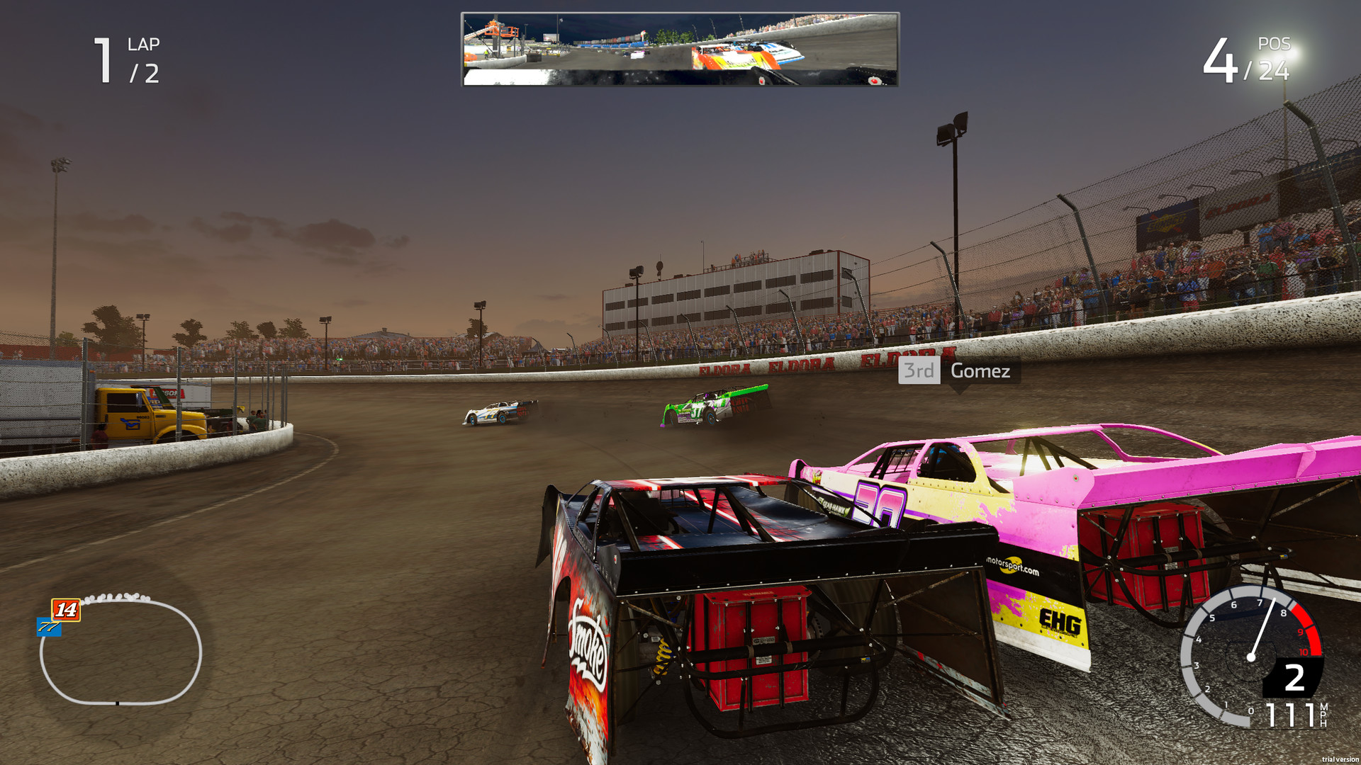 Dirt late models sliding through a corner on a dirt oval in NASCAR Heat 5