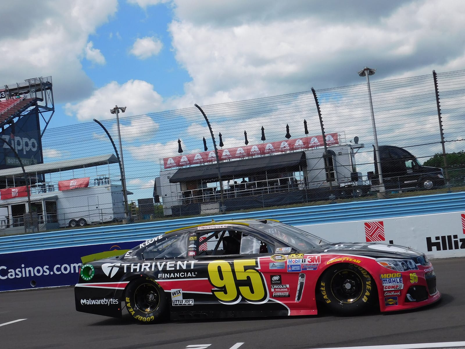 The number 95 NASCAR Cup car on track at Watkins Glen in 2016