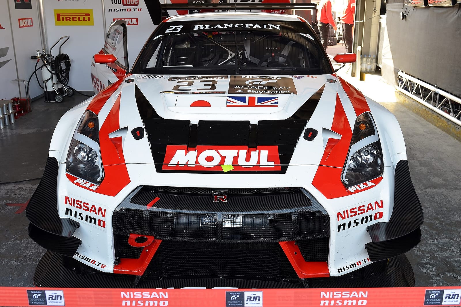 Nissan GT-R Nismo GT3 of Team RJN in the garage at Brands Hatch
