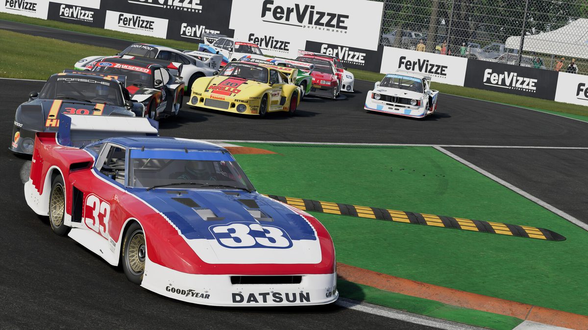 A Datsun 280ZX Turbo in red, white and blue leads Group 5 cars through a chicane in Project Motor Racing