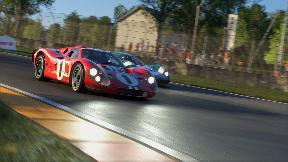 A red Ford GT40 Mk IV with the number 1 ahead of another car on a wet track in the GT Icons Pack for Project Motor Racing