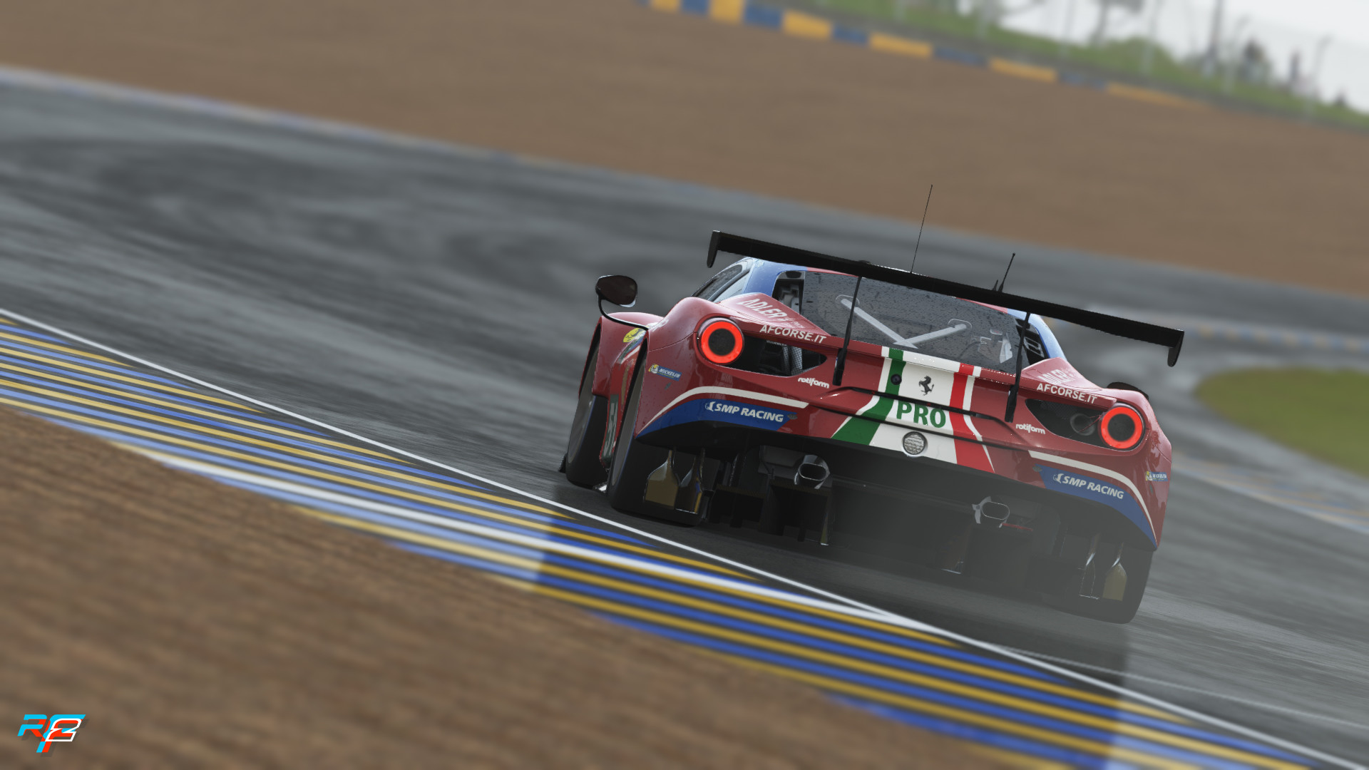 Ferrari GT car with spray coming off the rear on a wet track in rFactor 2