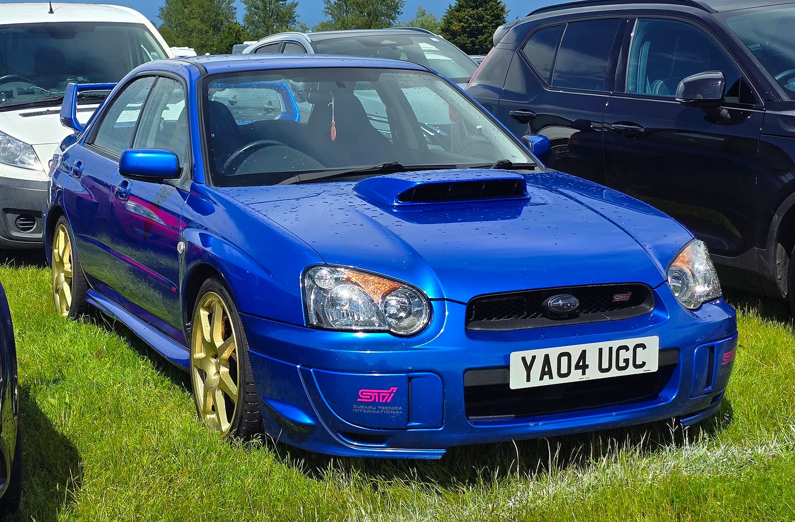 A blue 2004 Subaru Impreza WRX STI with gold wheels