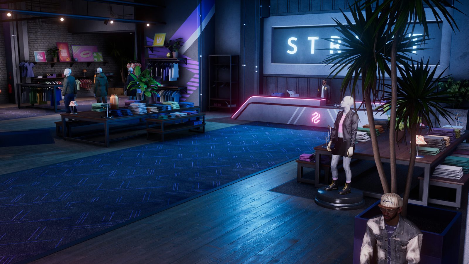 Inside the Streets clan clothing store in Test Drive Unlimited Solar Crown, with racks, mannequins and a neon Streets sign